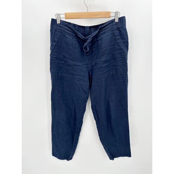 Athleta Pants Women 12 Navy Blue 100% Linen Drawstring Elastic Waist Casual - Picture 1 of 10